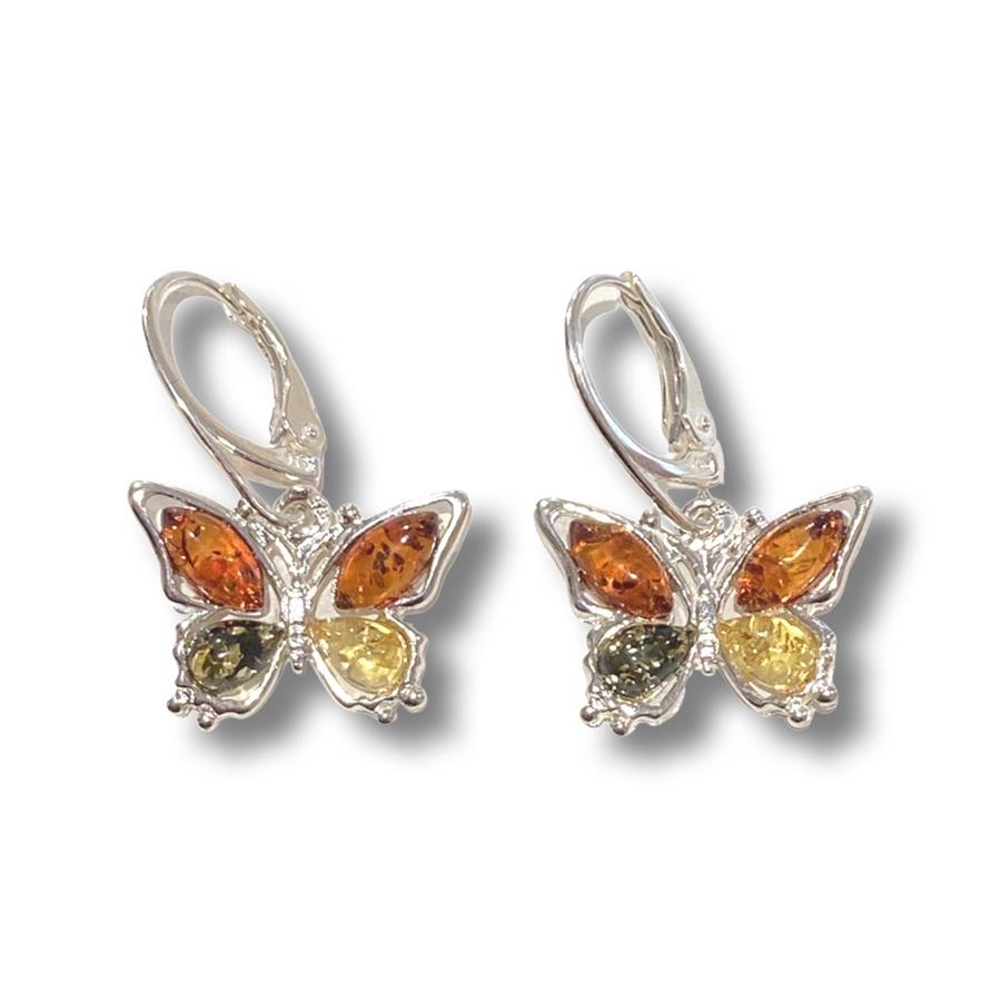 Amber and Silver Earrings in the Shape of a Butterfly