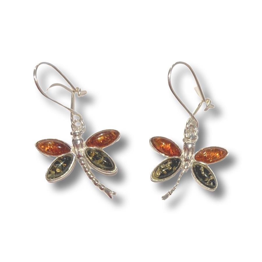 Boucle d'oreille en ambre et argent en forme de libellule
