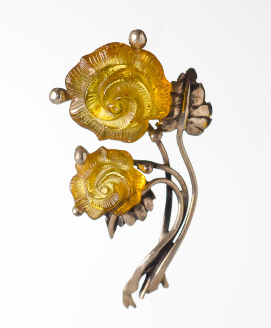 Amber and Silver Pendant in the Shape of a Rose