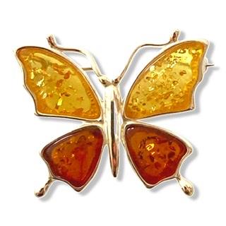 Amber and Silver Brooch in the Shape of a Butterfly