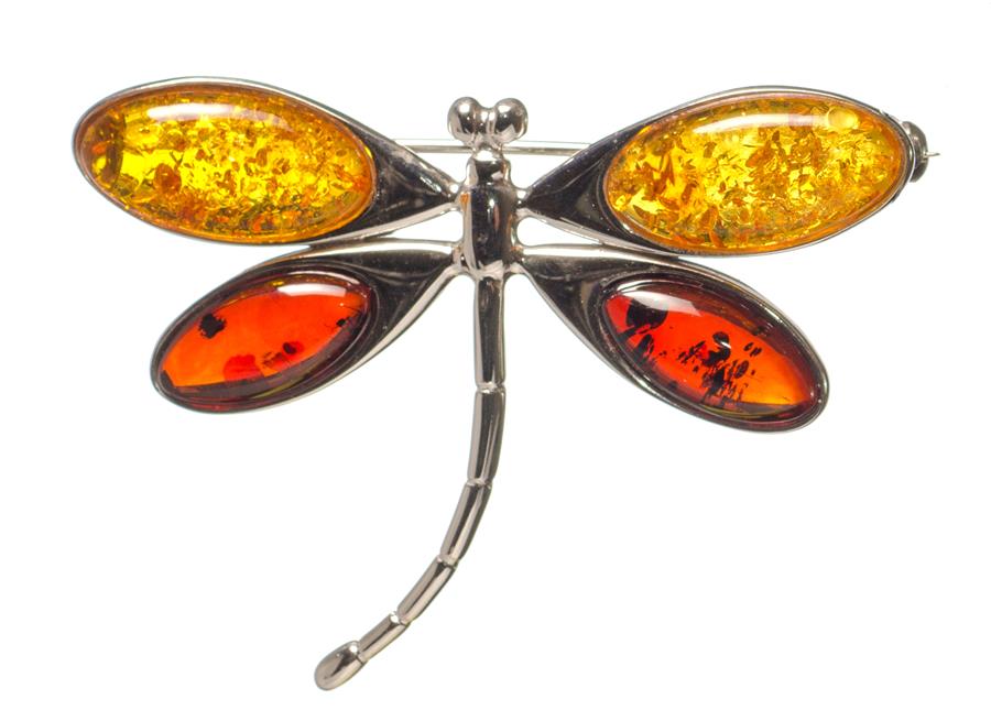 Broche ambre et argent en forme de libellule